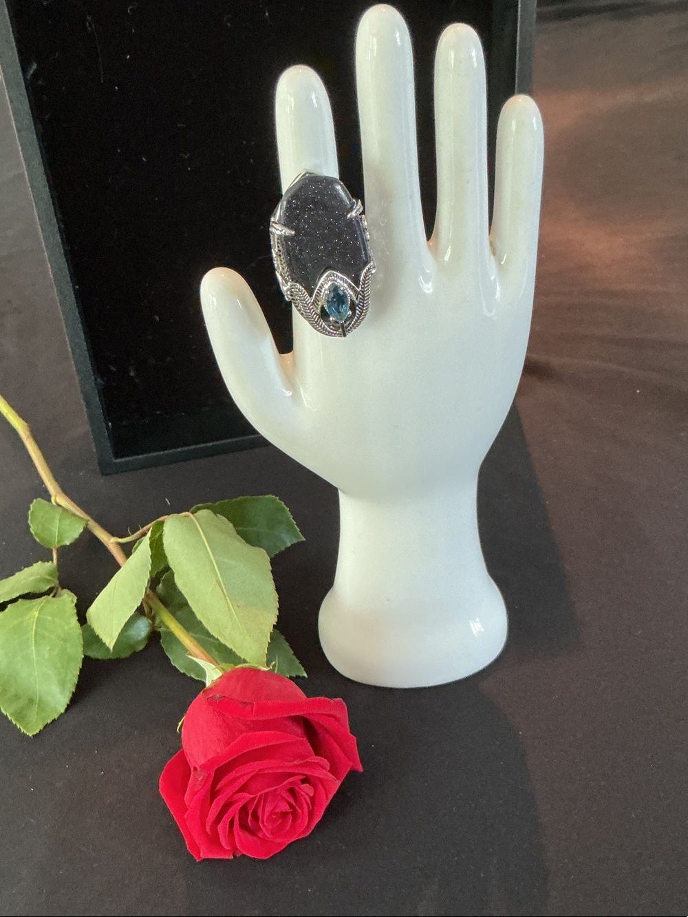 Park Lane Midnight Ring - Marquise Blue Topaz on Oval Cabochon
